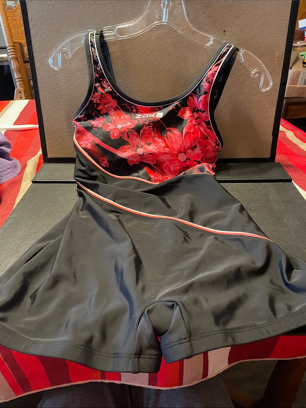 NWT Women's Black Boy Legs Swimsuit with Red Floral Bodice